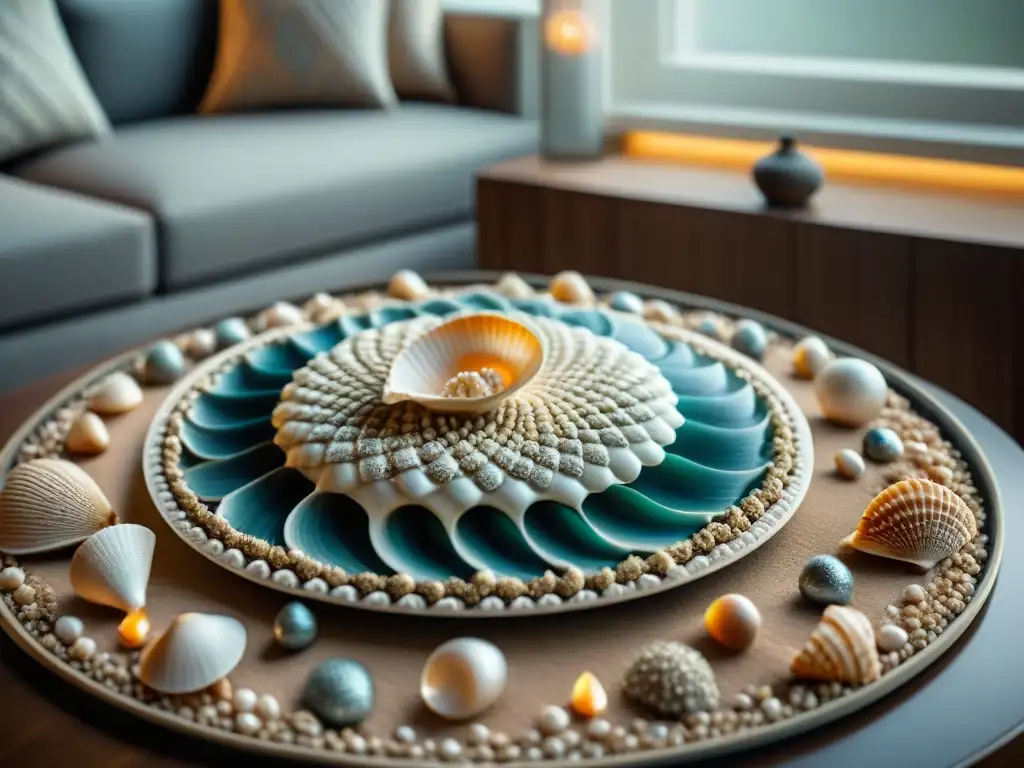 Mandala de conchas marinas: armonía en la mesa Decoración con conchas y arena: Mano crea mandala con delicadas conchas y arena en mesa moderna