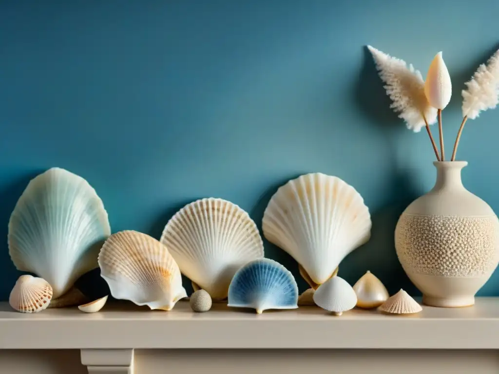 Decoración costera: conchas y luz natural Decoración con conchas y arena: Mantelpiece con conchas variadas iluminadas por luz natural