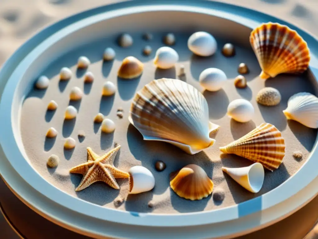 Centro de mesa con conchas marinas en tonos naturales Decoración con conchas y arena en mesa de café, creando una atmósfera serena y playera
