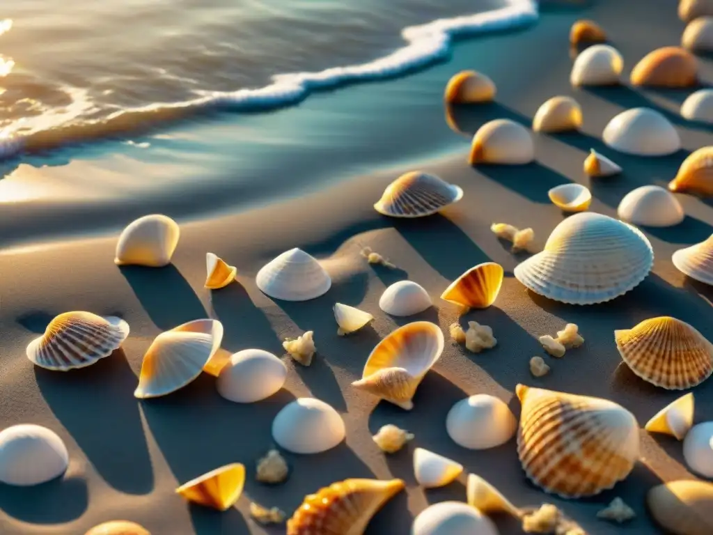 Playa de ensueño: conchas marinas bajo el sol Decoración con conchas y arena: Playa de arena con conchas diversas brillando al sol, mostrando su belleza natural