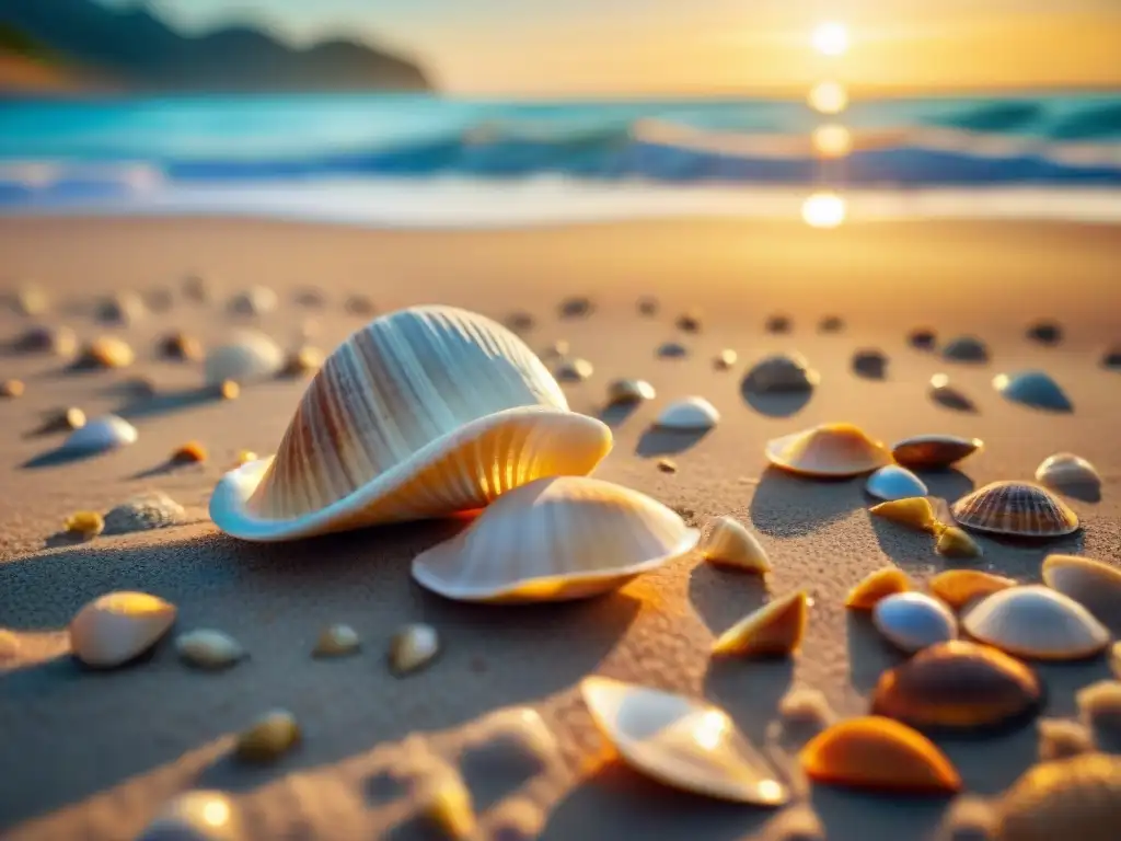 Playa serena al amanecer con conchas variadas en la arena Decoración con conchas y arena en una playa serena al amanecer, con suaves olas y conchas esparcidas en la arena