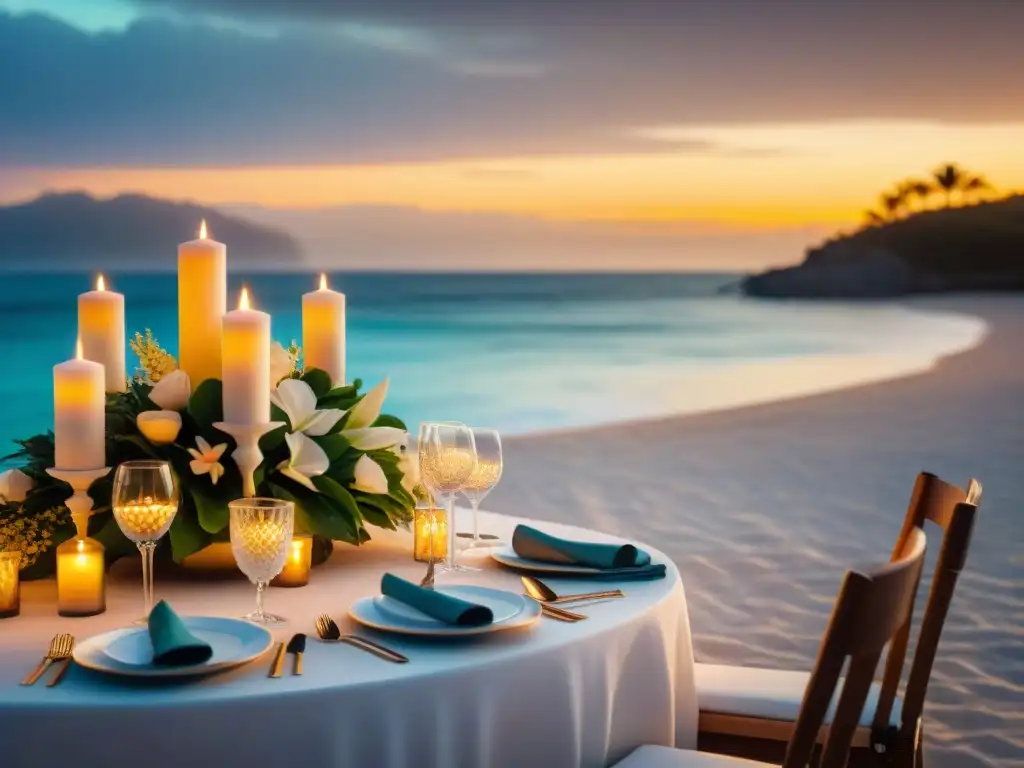 Atardecer de lujo: concierge prepara cena en la playa Un concierge personalizado para estancias costeras prepara una cena lujosa al atardecer en la playa