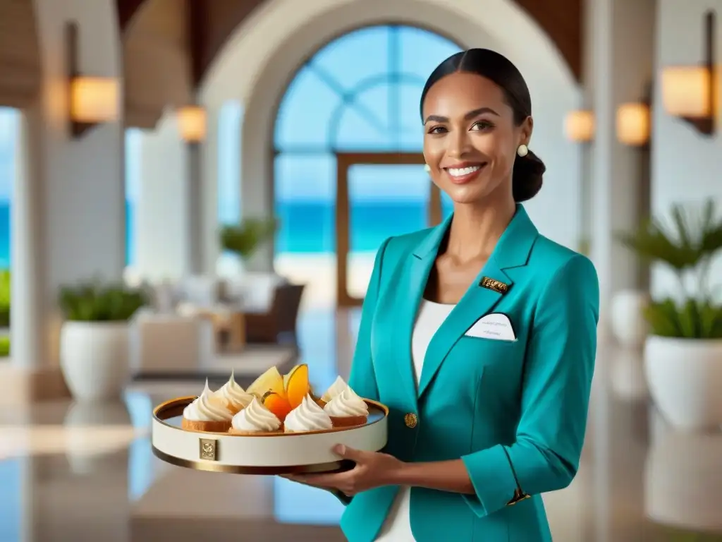 Concierge de lujo entregando paquete de bienvenida en resort costero Concierge personalizado para estancias costeras entregando paquete de bienvenida en lujoso lobby frente al mar