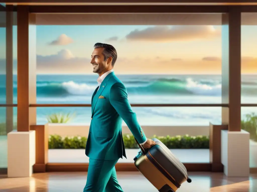 Recepción de lujo en resort costero Un concierge personalizado para estancias costeras, brindando cálida bienvenida en lujoso resort al atardecer