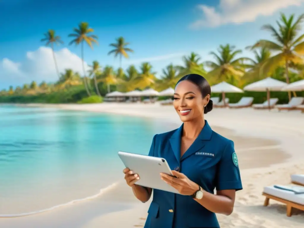 Concierge de lujo en la playa: servicio personalizado y relax Un concierge profesional asiste a huéspedes en la playa, transmitiendo lujo y servicio de concierge para playa