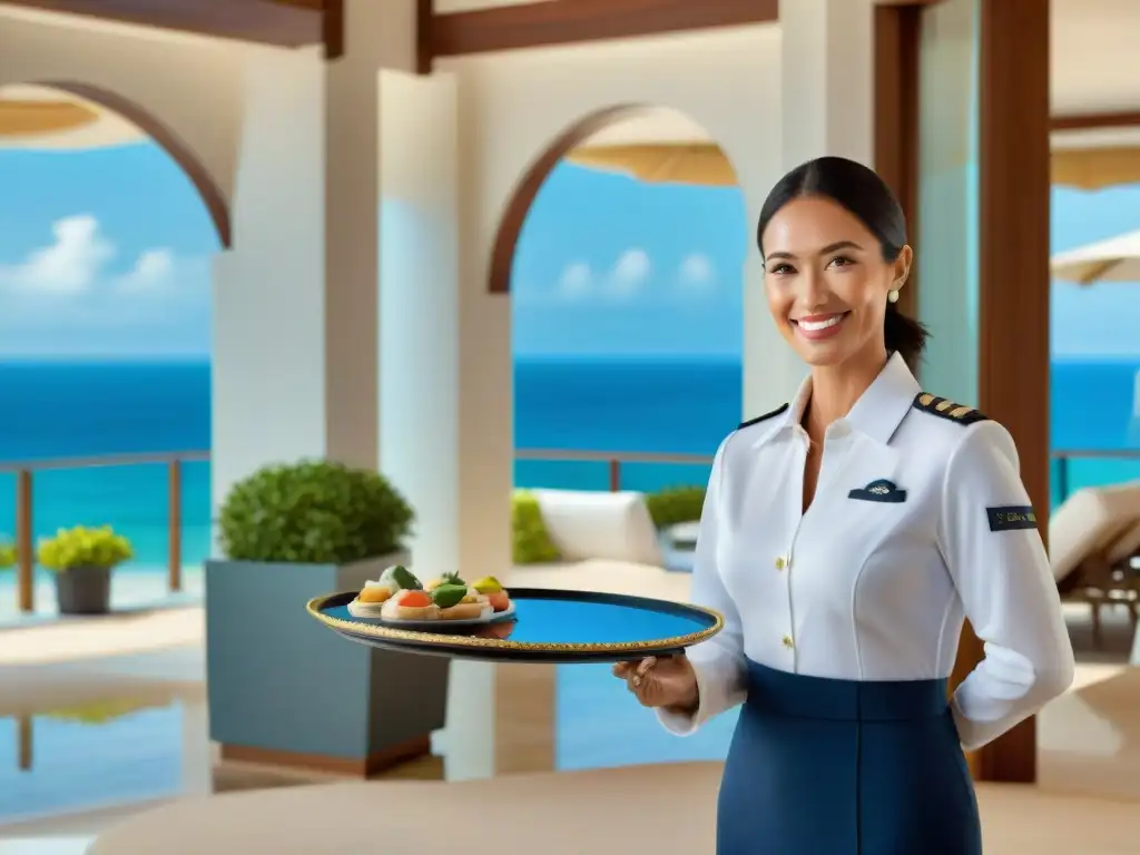 Concierge de lujo en propiedad costera Un concierge sonriente da la bienvenida a un huésped frente a una lujosa propiedad costera