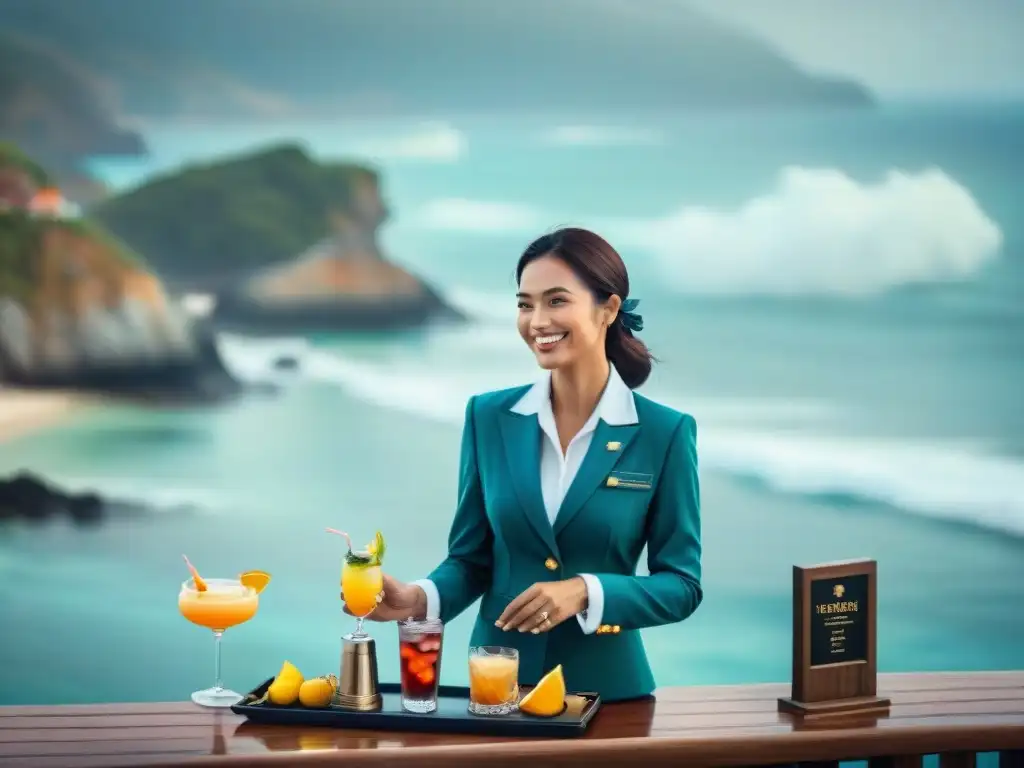 Recepción cálida en resort de lujo frente al mar Un concierge sonriente da la bienvenida a una pareja en un lujoso resort costero