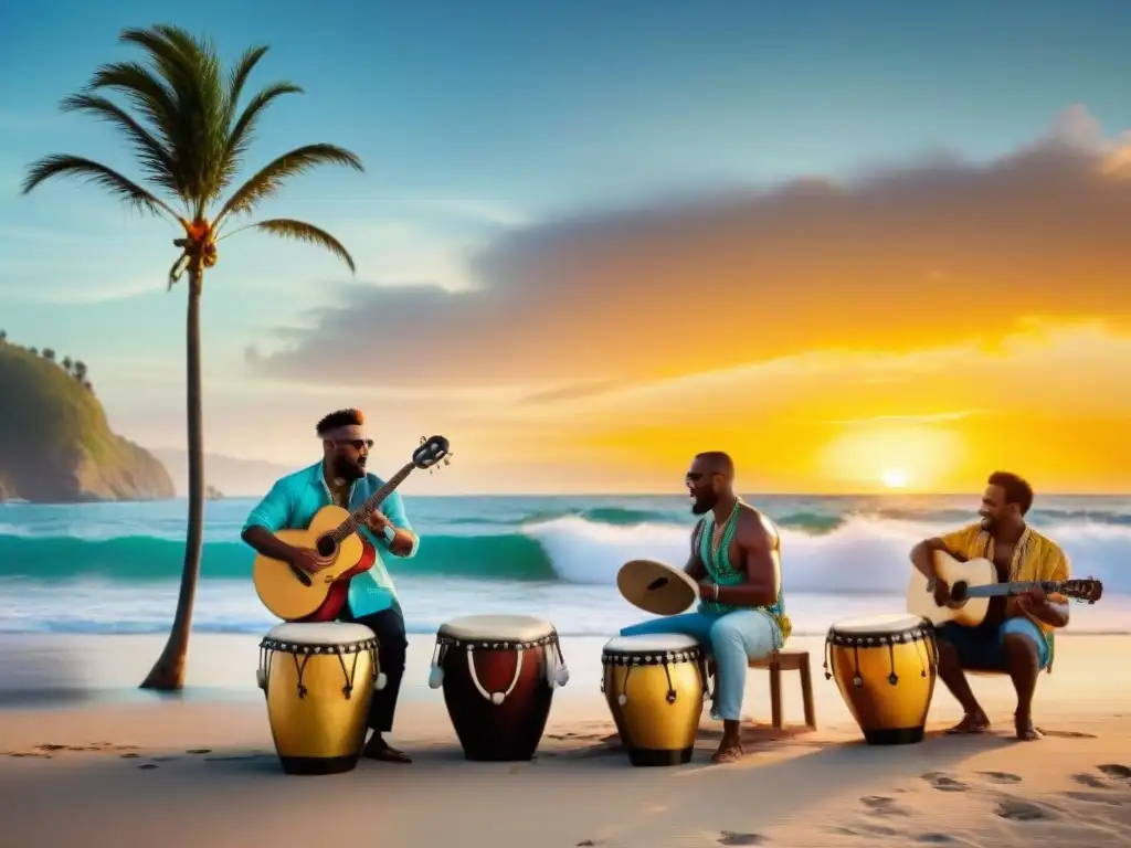 Concierto costero al atardecer: músicos y baile en la playa Concierto de músicos tocando instrumentos tradicionales costeros en playa al atardecer