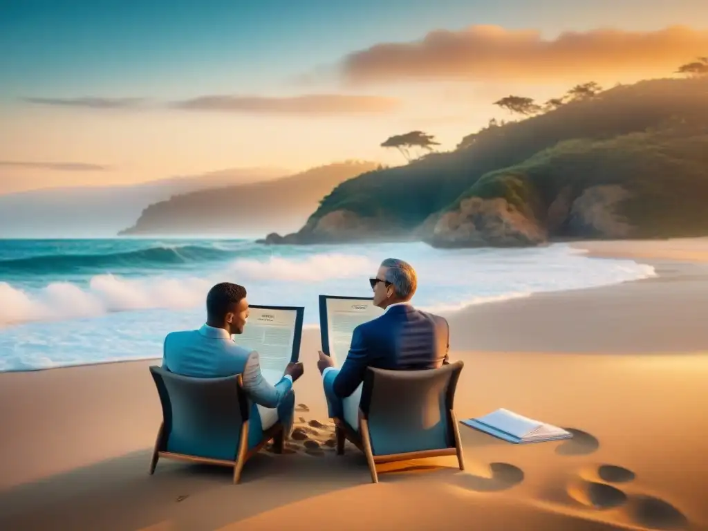 Abogado experto asesora compra de propiedad frente al mar al atardecer Consejo legal clave en compra propiedades costeras, asesor y clientes en lujoso escenario playero al atardecer