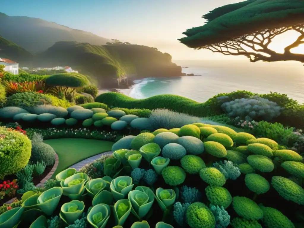 Espléndido amanecer en jardín costero Consejos para mantener jardín costero: Amanecer sobre jardín costero tranquilo con gotas de rocío en hojas verdes vibrantes