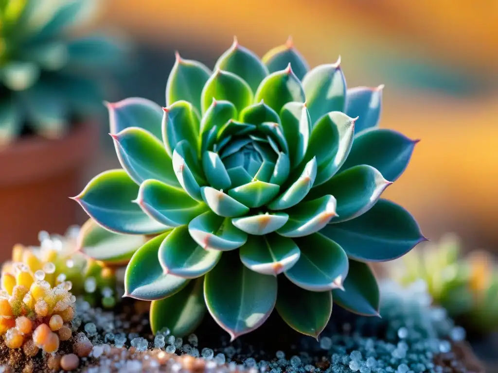 Suculenta costera: belleza y equilibrio en jardinería marítima Consejos para mantener jardín costero: Detalle de suculenta verde con cristales de sal brillando en hojas sobre suelo arenoso