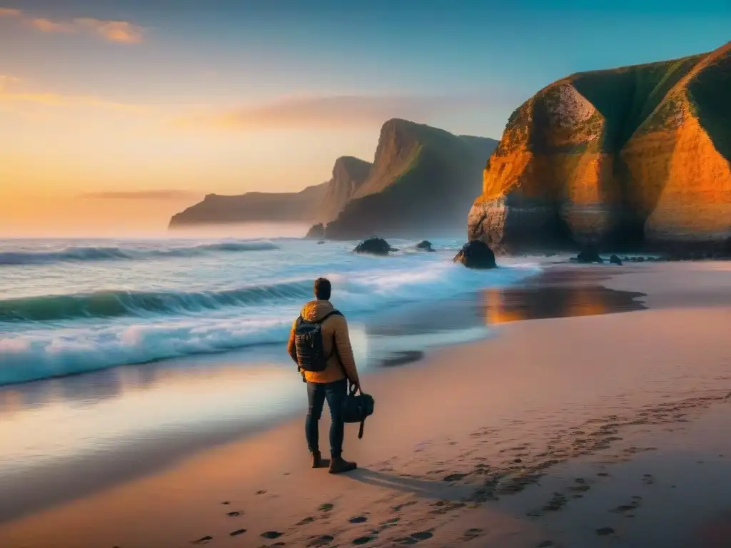 Espectacular atardecer costero: la magia dorada del ocaso Consejos para fotografías costeras panorámicas: Atardecer vibrante sobre acantilados y playa tranquila, fotógrafo solitario capturando el momento