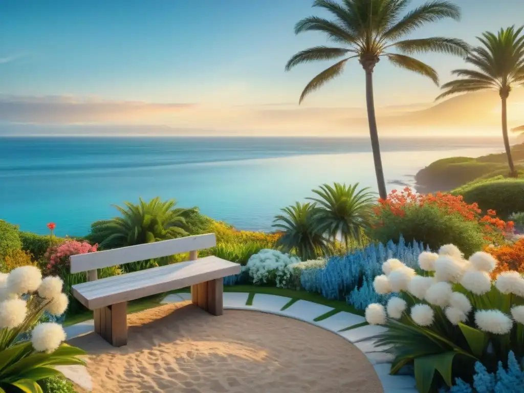 Jardín costero al atardecer: oasis de serenidad Consejos jardín junto al mar: Jardín costero al atardecer con palmeras, banco de madera y flores en flor