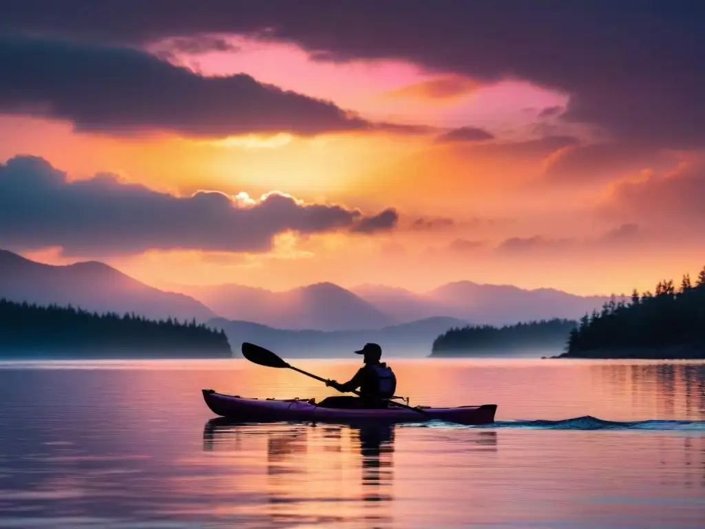 Espléndido amanecer en kayak sobre aguas serenas Consejos para hacer kayak en aguas abiertas: Amanecer sereno con kayakista en mar tranquilo al amanecer