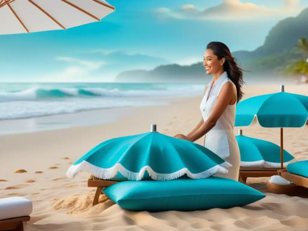 Servicio de playa de lujo: concierge amable preparando oasis junto al mar Un conserje amable arregla sombrillas en la arena dorada, con olas turquesas y sol cálido