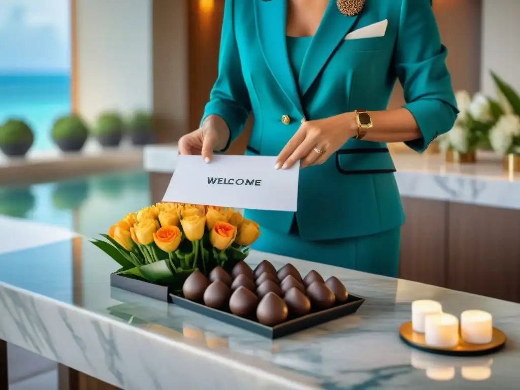 Exclusiva bienvenida en resort de lujo junto al mar Un conserje preparando un lujoso paquete de bienvenida en un resort costero exclusivo