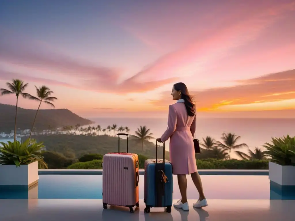 Exclusivo resort costero al atardecer con conserje personalizado Un conserje personalizado para estancias costeras da la bienvenida a una pareja en un lujoso resort al atardecer