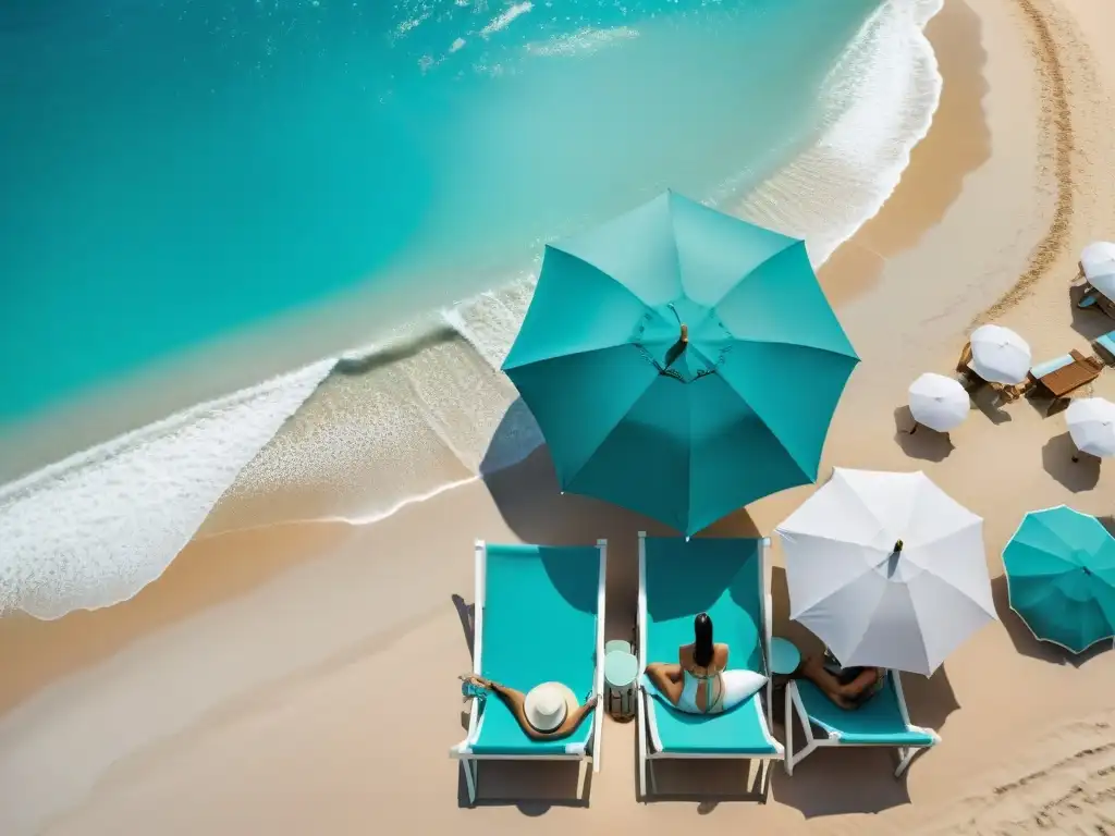 Experiencia playera de lujo con conserje personalizado Un conserje prepara la playa con detalle, mientras huéspedes observan ansiosos