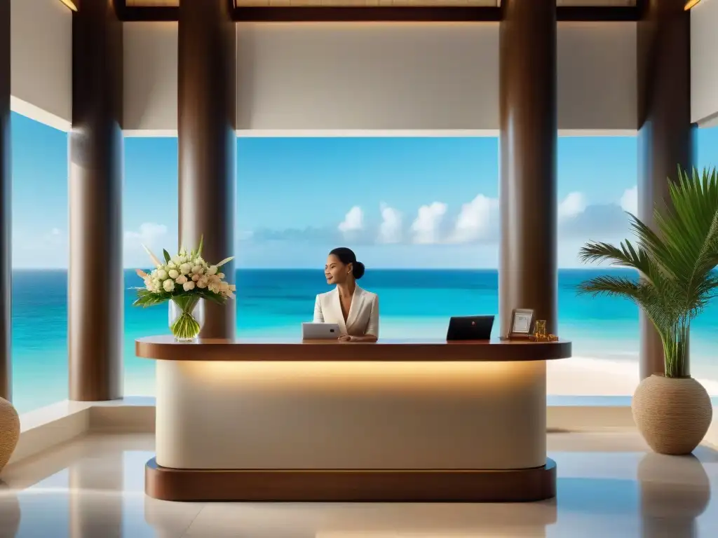 Exclusivo servicio de conserjería en resort costero de lujo Un conserje de servicios de concierge costeros exclusivos ayuda a un distinguido huésped en un lujoso resort frente al mar