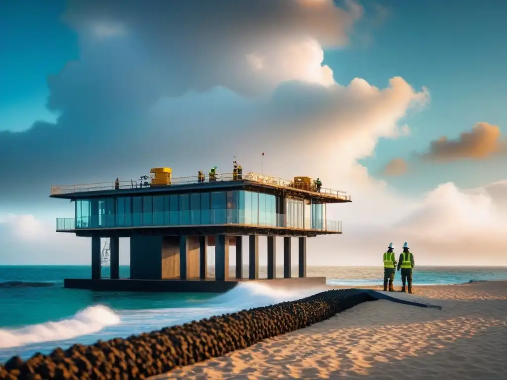 Innovadora construcción costera: tecnología y naturaleza en armonía Construcción costera con materiales innovadores: obreros en trajes especializados colocan materiales avanzados en estructura moderna junto al mar