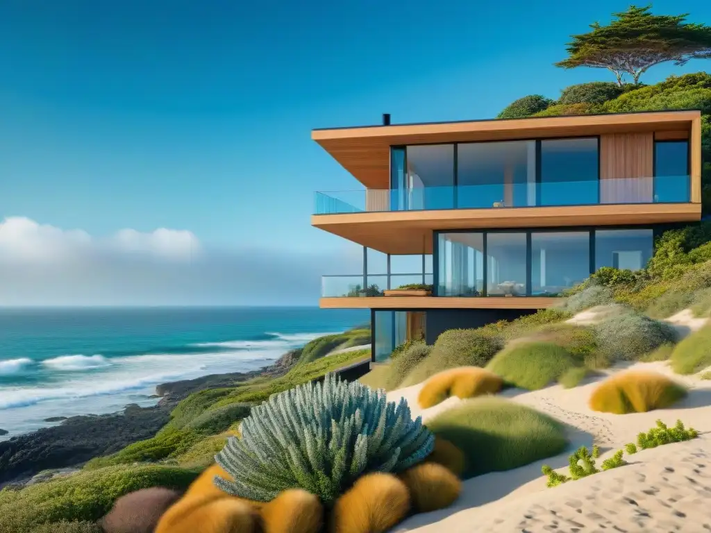 Arquitectura costera ecoamigable integrada con el entorno natural Construcción ecoamigable en la costa: edificio integrado con naturaleza y materiales sostenibles
