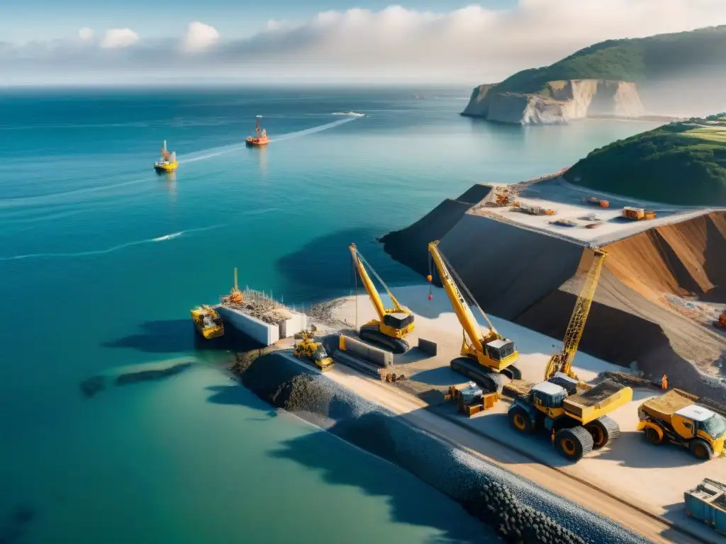 Construcción costera: maquinaria en acción junto al mar Préstamos construcción zonas costeras: Trabajos de construcción en la costa con maquinaria pesada y operarios activos