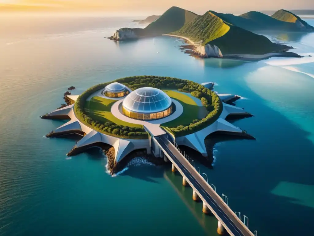 Arquitectura costera futurista: ingeniería avanzada y naturaleza en armonía Construcciones costeras inteligencia artificial en armonía con la naturaleza y tecnología avanzada al atardecer