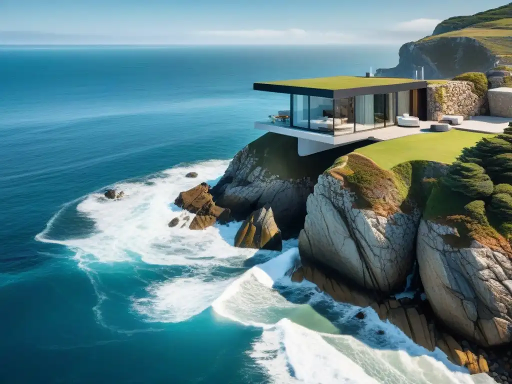 Arquitectura minimalista en acantilado: fusión de diseño moderno y belleza natural marina Construcciones costeras minimalistas para vistas: Edificio en acantilado con diseño moderno integrado con la naturaleza marina
