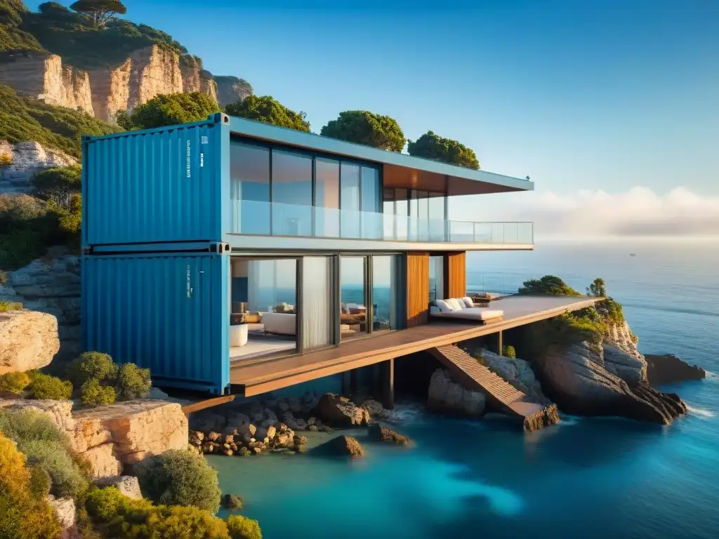 Contenedor minimalista en acantilado con vistas al mar Casa contenedor moderna en acantilado con vistas panorámicas al mar