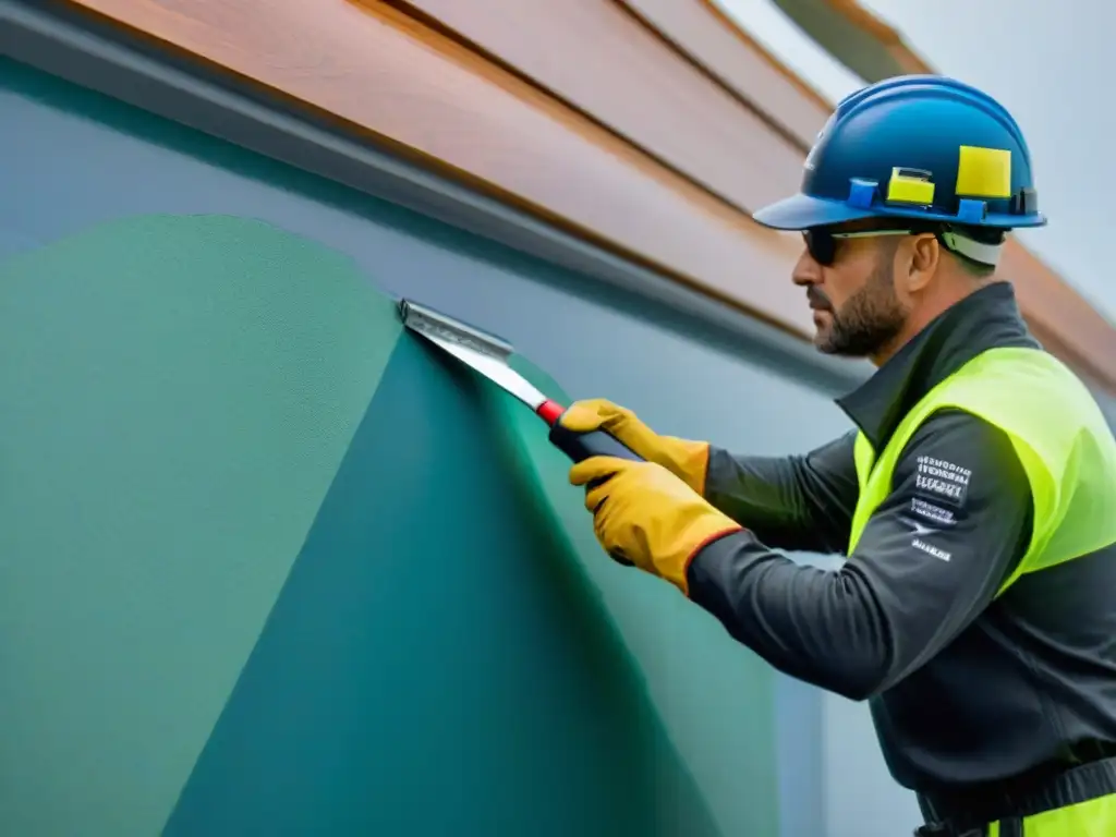 Aplicación experta de revestimiento costero: protección y belleza en acción Un contratista aplica con precisión un revestimiento innovador para propiedades costeras en las paredes de una casa junto al mar