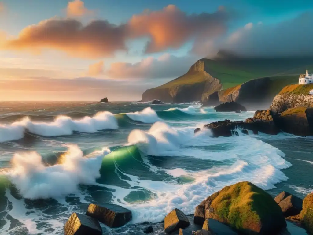 Paisaje costero salvaje al atardecer con barco de pesca Costa agreste al atardecer, con olas chocando en las rocas