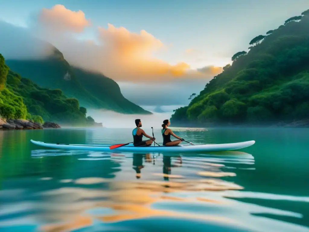 Yoga paddle al amanecer: armonía natural en 8k Práctica de standup paddle yoga al amanecer en la costa, armonía entre la naturaleza y el yoga