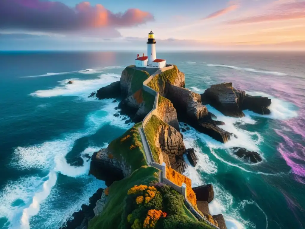 Costa agreste al atardecer: olas, acantilados y faro Explora la costa al atardecer con un faro y olas, tecnología en búsqueda de propiedades costeras