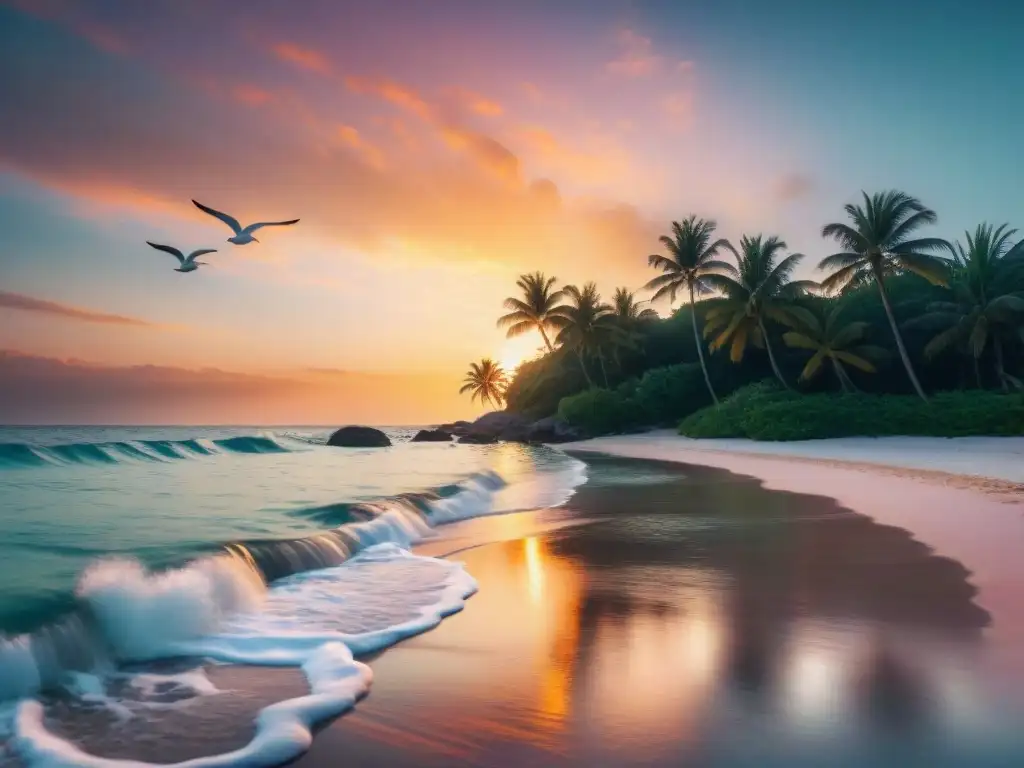 Atardecer dorado en playa tropical La costa brinda beneficios a la vida: felicidad en la serenidad de la playa al atardecer