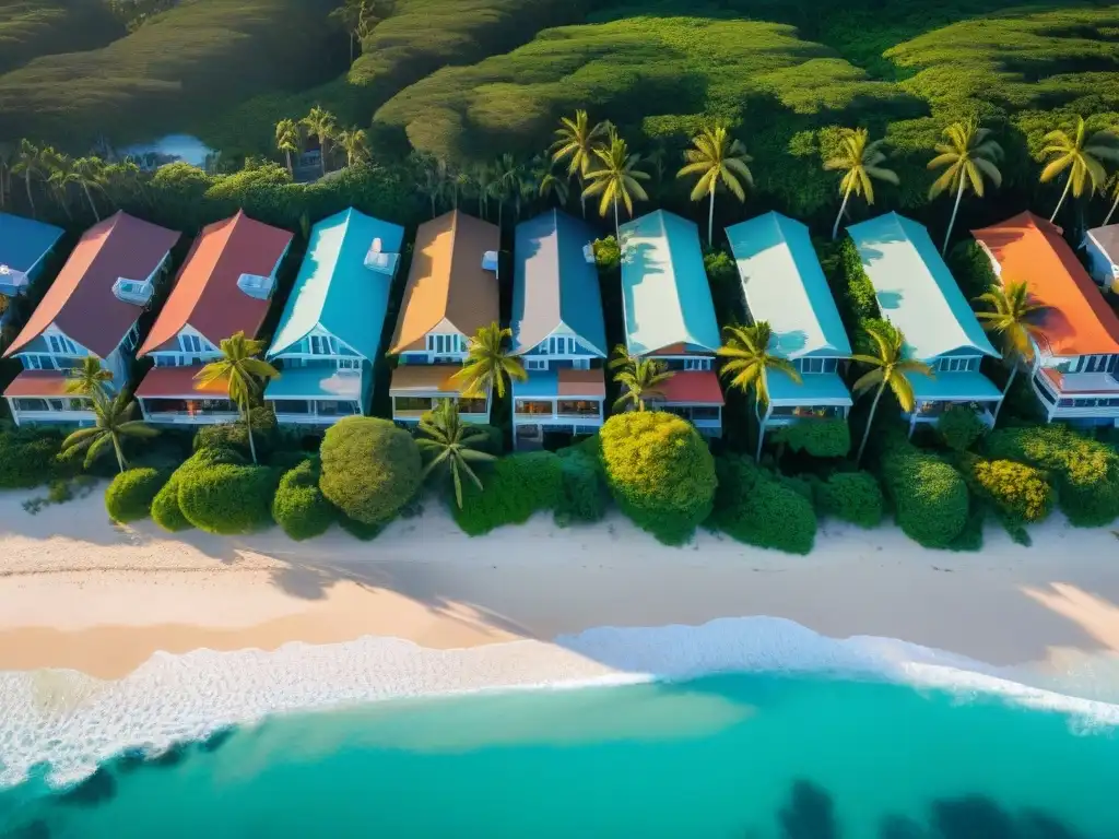 Costa paradisíaca con casas de playa coloridas Costa con casas de playa coloridas junto a aguas turquesas y palmeras