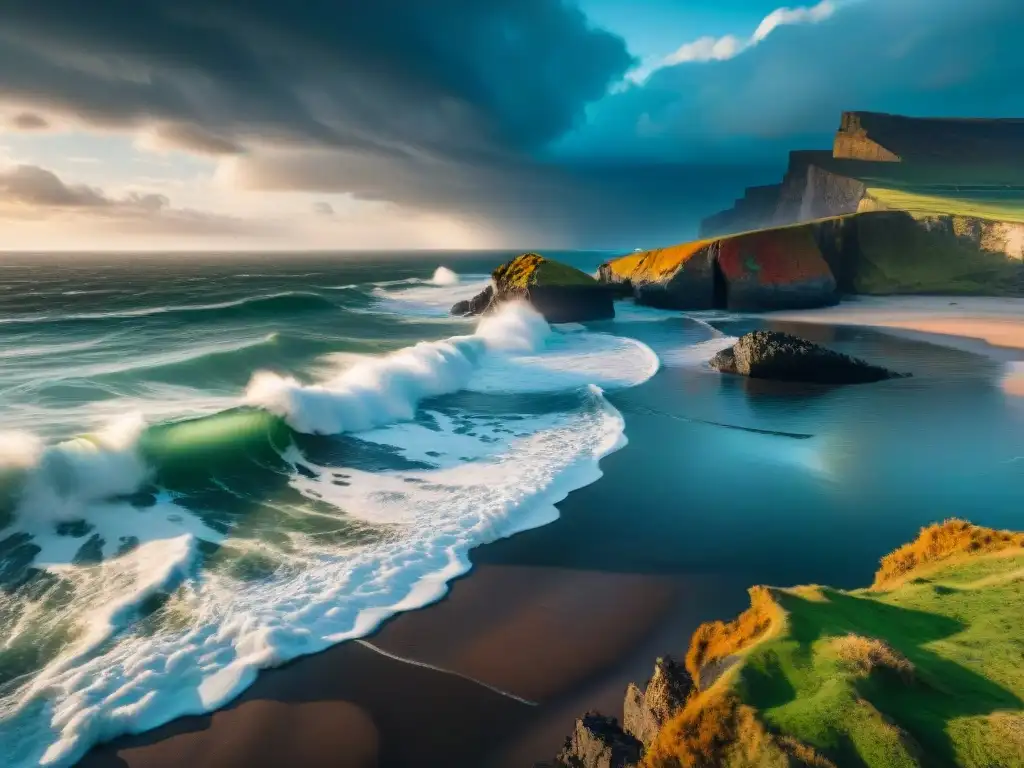 Costa erosionada: impacto del cambio climático Costa desolada con acantilados erosionados por olas poderosas bajo un cielo tormentoso, reflejo del riesgo de cambio climático en propiedades costeras