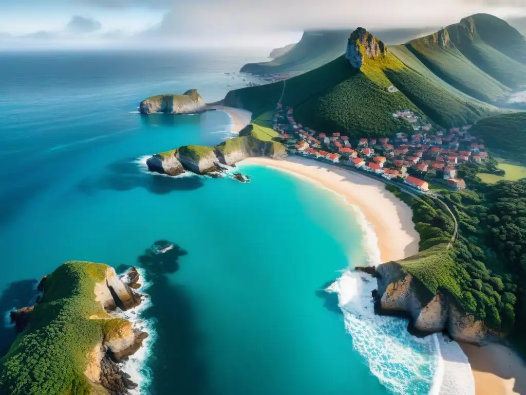Costa dinámica: olas turquesas y casas modernas en acantilados Costa dinámica con olas turquesa chocando contra acantilados, casas modernas en borde marítimo