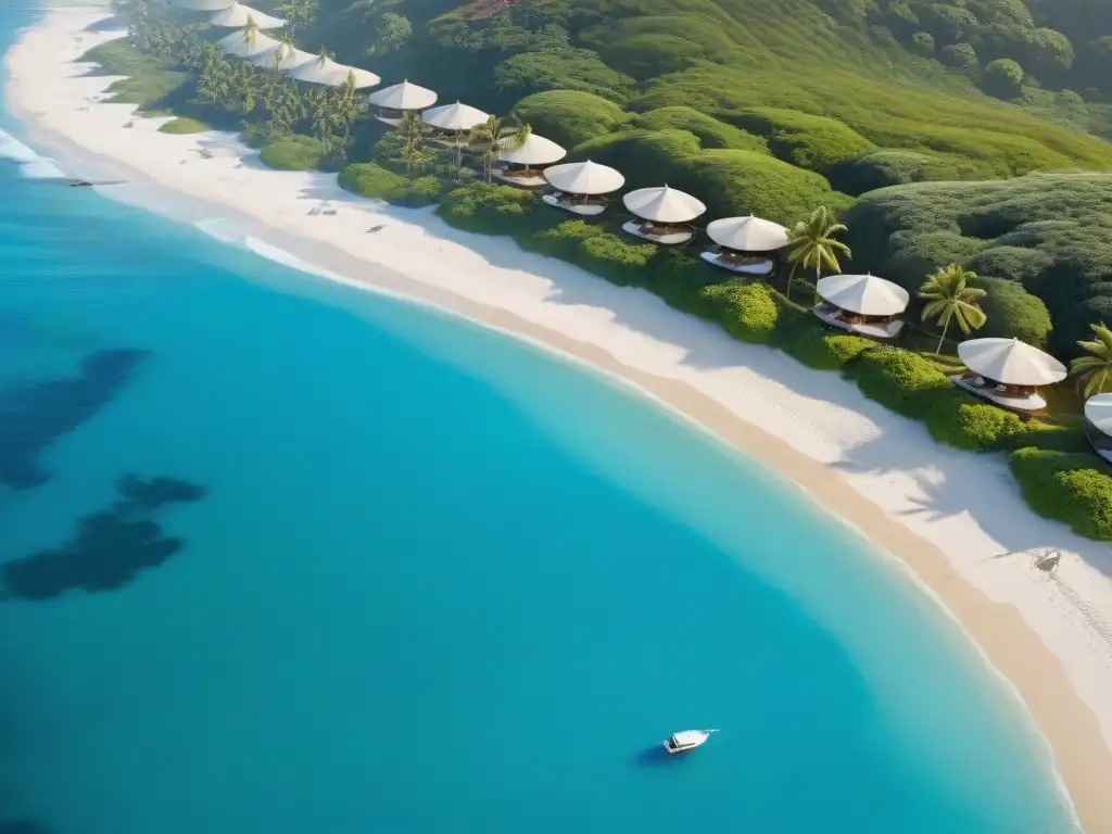 Paraíso costero: vista aérea de playa tranquila y soleada Una costa dorada bañada por aguas turquesas, con palmeras y sombrillas coloridas