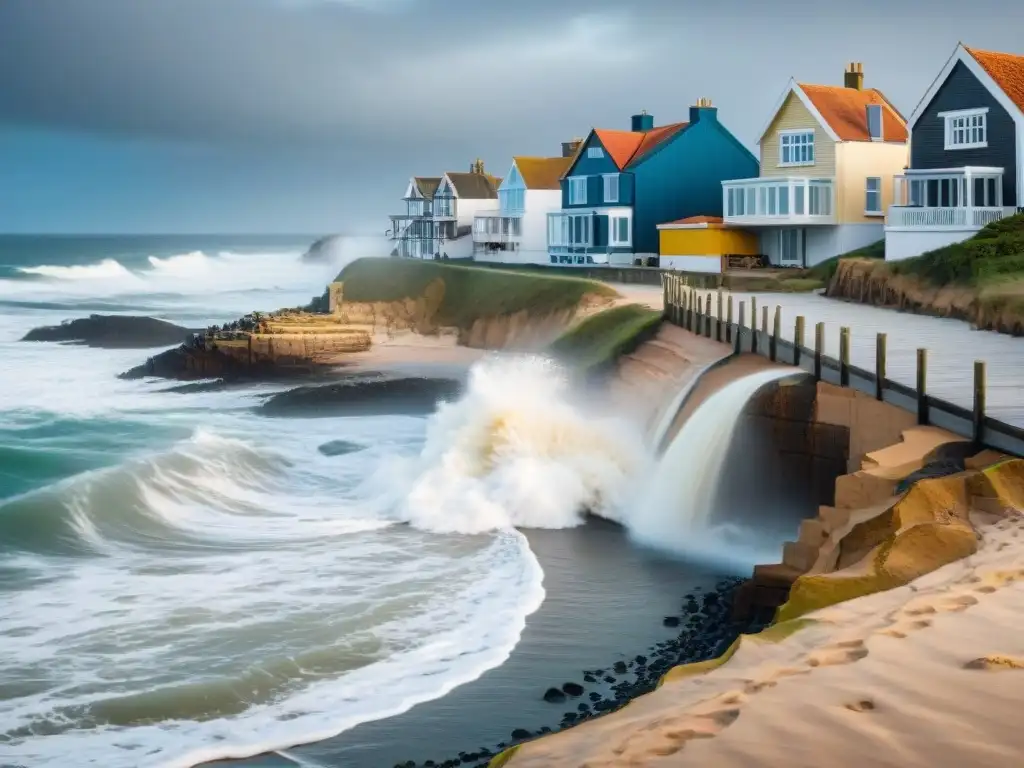 Costa erosionada por cambio climático: impacto en propiedades costeras Costa erosionada por el cambio climático, con olas impactantes y casas vulnerables