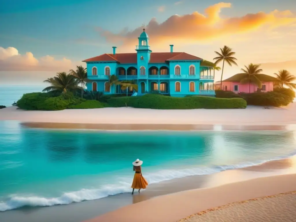 Paisaje costero colonial al atardecer Costa impecable con mansiones coloniales y atardecer anaranjado, evocando propiedades costeras con historia