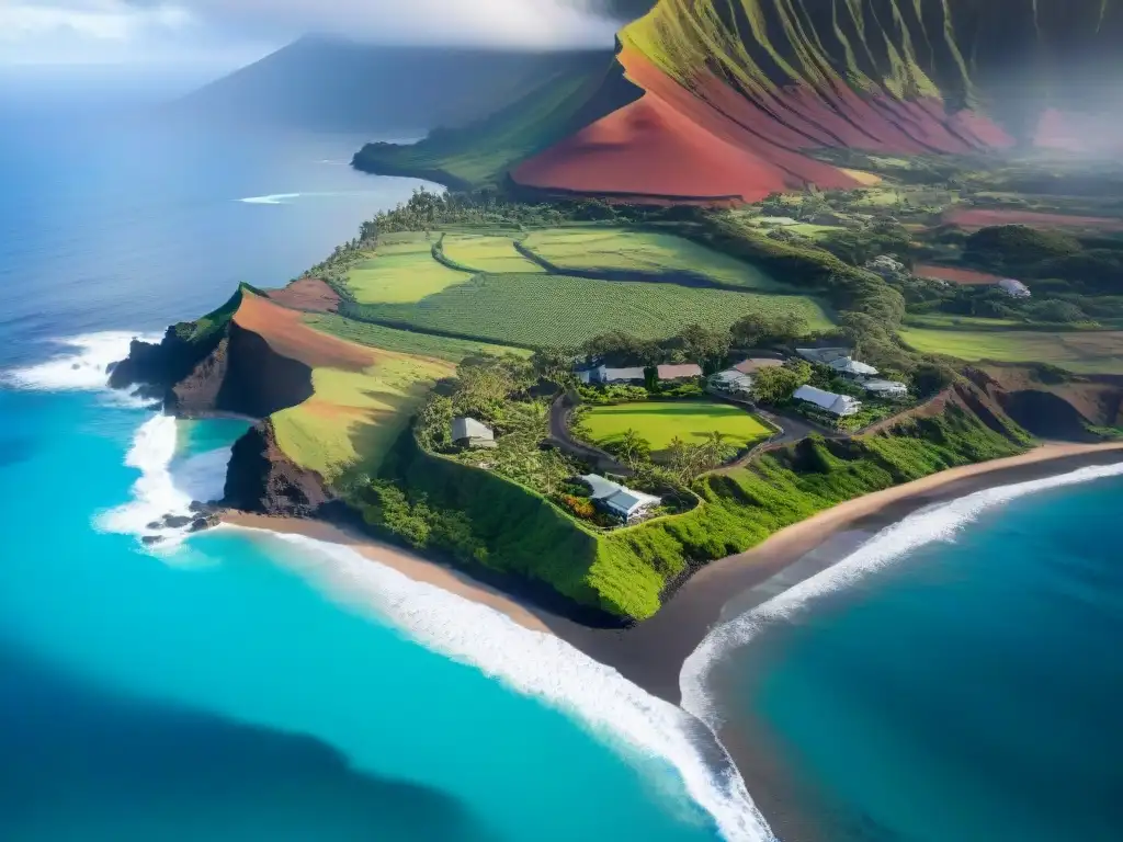Maui, Hawái: Costa escarpada y aguas turquesa Costa de lujo en Maui con paisajes verdes y aguas turquesas, villas frente al mar y el volcán Haleakalā en la distancia