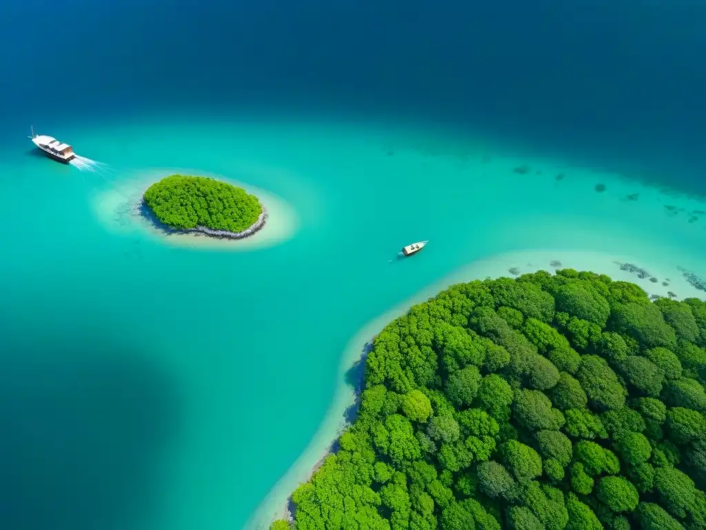 Costa tropical: manglares verdes y aguas cristalinas Costa con manglares verdes y agua turquesa, barcos pesqueros y aves marinas