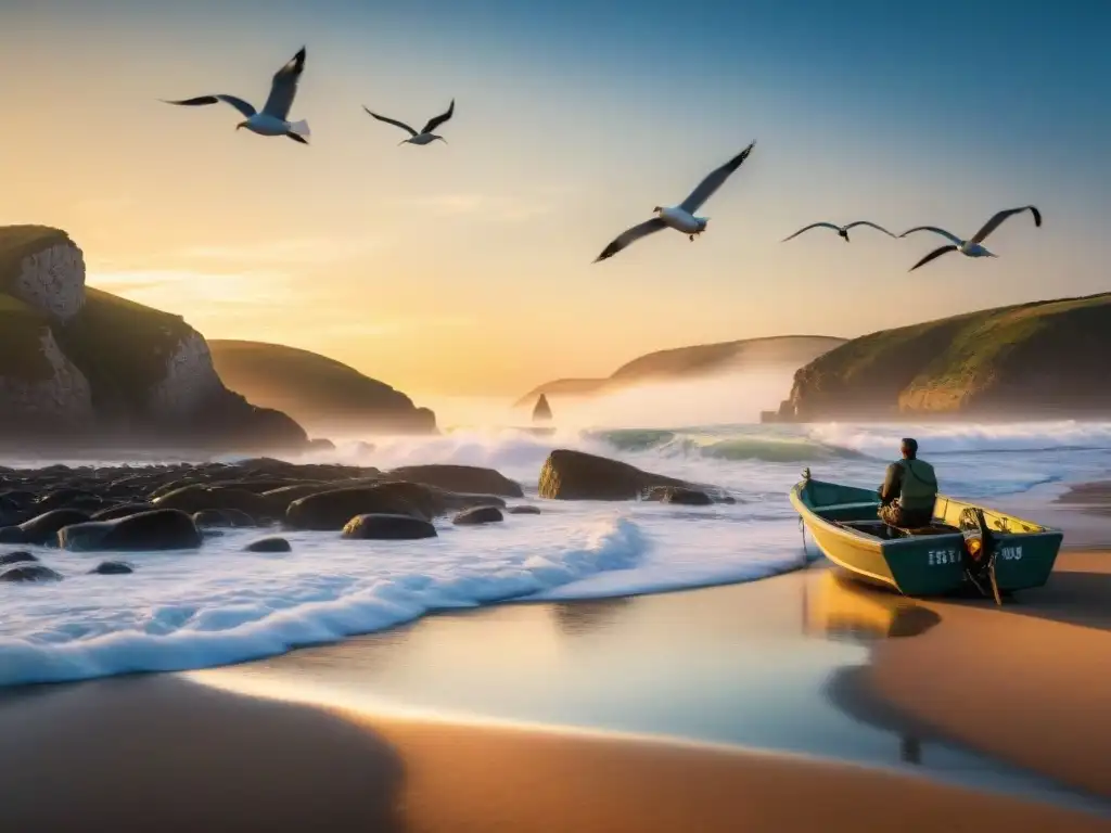 Costa virgen al amanecer: belleza serena y vida costera Costa virgen al amanecer, olas suaves en arena dorada, gaviotas en vuelo, pescador preparando su barca