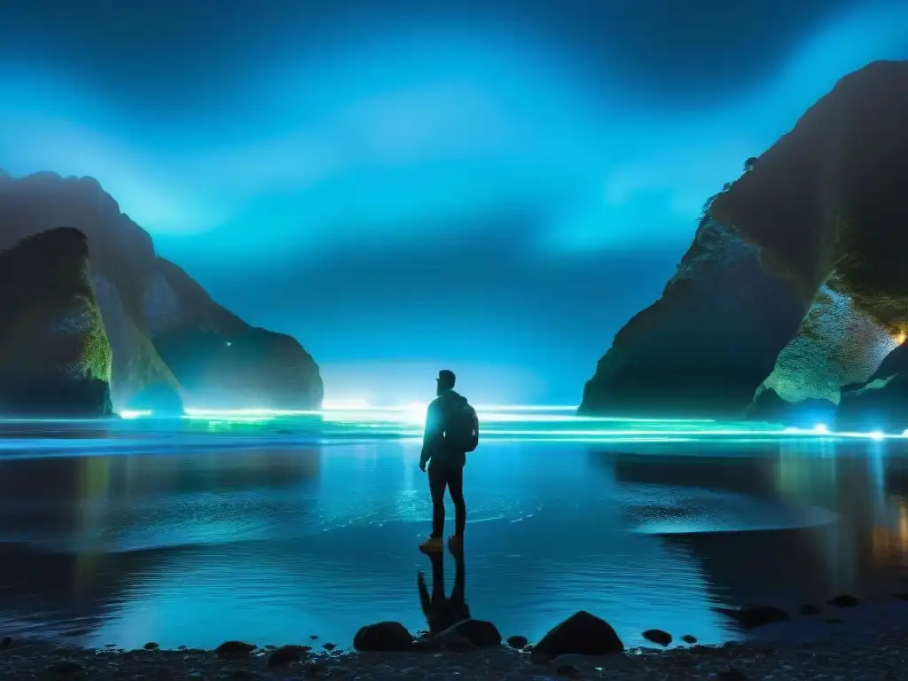 Costa bioluminiscente: magia nocturna en comunidad Costa oscura iluminada por el mágico festival luces bioluminiscencia mar, con personas admirando el espectáculo