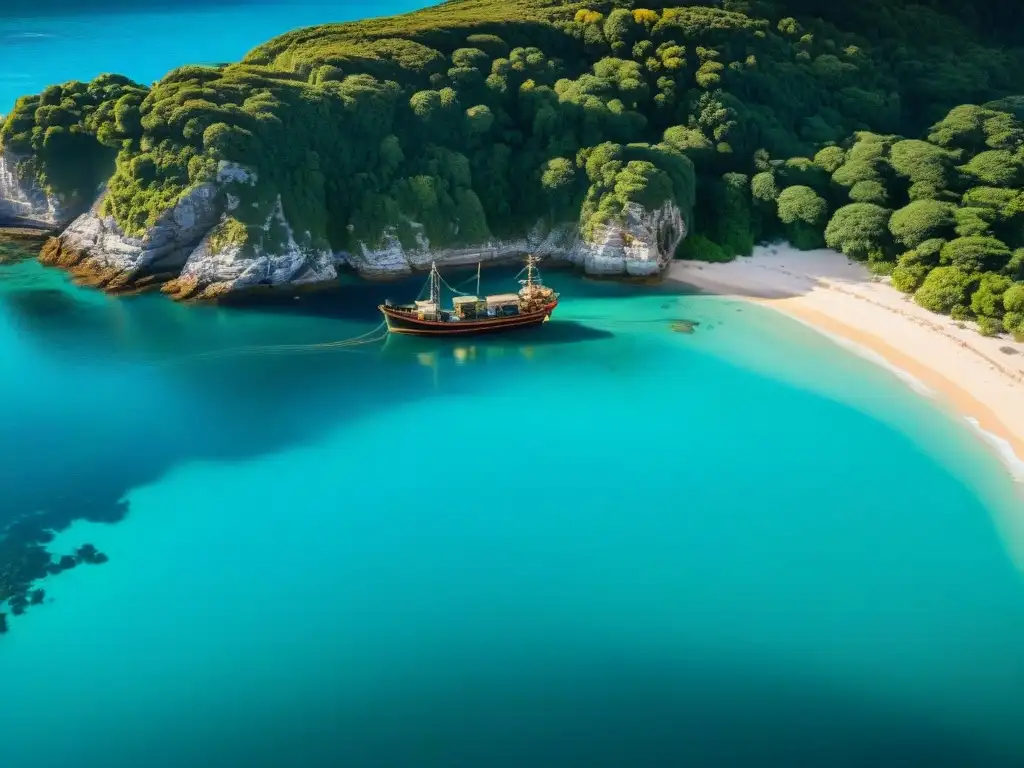 Costa paradisíaca: aguas turquesas, playas doradas y barcos de pesca Costa paradisíaca con aguas cristalinas, playas doradas y barcos pesqueros