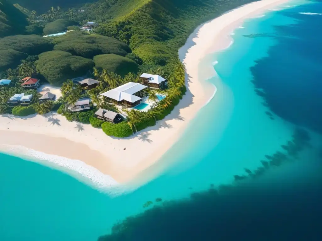 Paraíso costero: inversión en crowdfunding junto al mar Costa paradisíaca con aguas turquesa, playas blancas, palmeras verdes y propiedades de lujo frente al mar