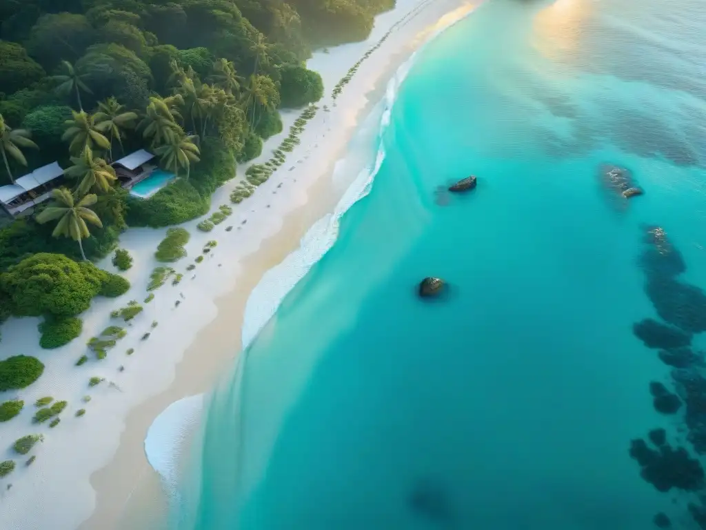 Paraíso costero al atardecer: aguas turquesas y palmeras Costa paradisíaca al atardecer con aguas turquesas, playas blancas y palmeras, ideal para las mejores pólizas de seguro costero