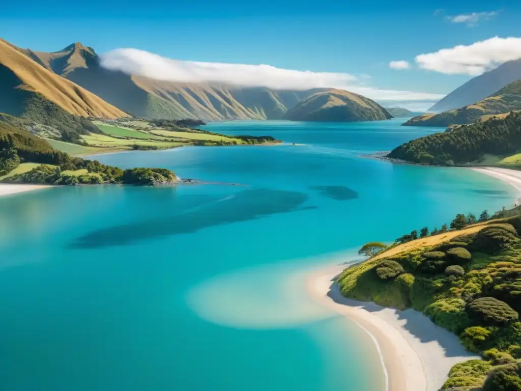 Costa paradisíaca en Nueva Zelanda: aguas turquesas y montañas nevadas Costa prístina en Nueva Zelanda con aguas turquesas, playas doradas, bosque verde, flores silvestres y montañas nevadas
