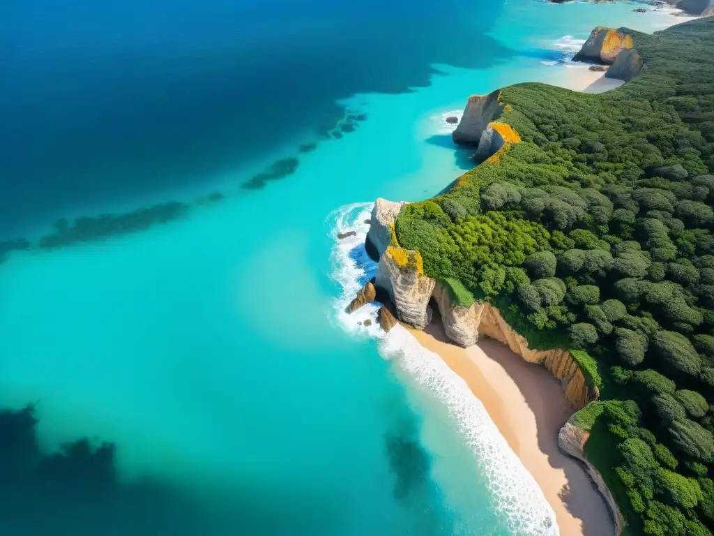 Costa salvaje: belleza y riesgos de propiedades costeras Costa salvaje con aguas turquesas y playa dorada, resaltando la evaluación profesional de propiedad costera