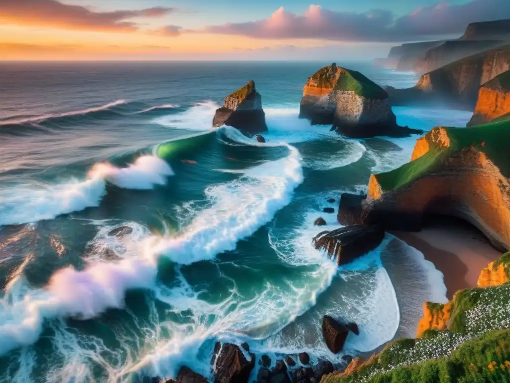 Paisaje costero al atardecer: olas poderosas y acantilados imponentes Costa salvaje al atardecer: olas poderosas chocan contra acantilados, aves surcan cielo naranja y rosa